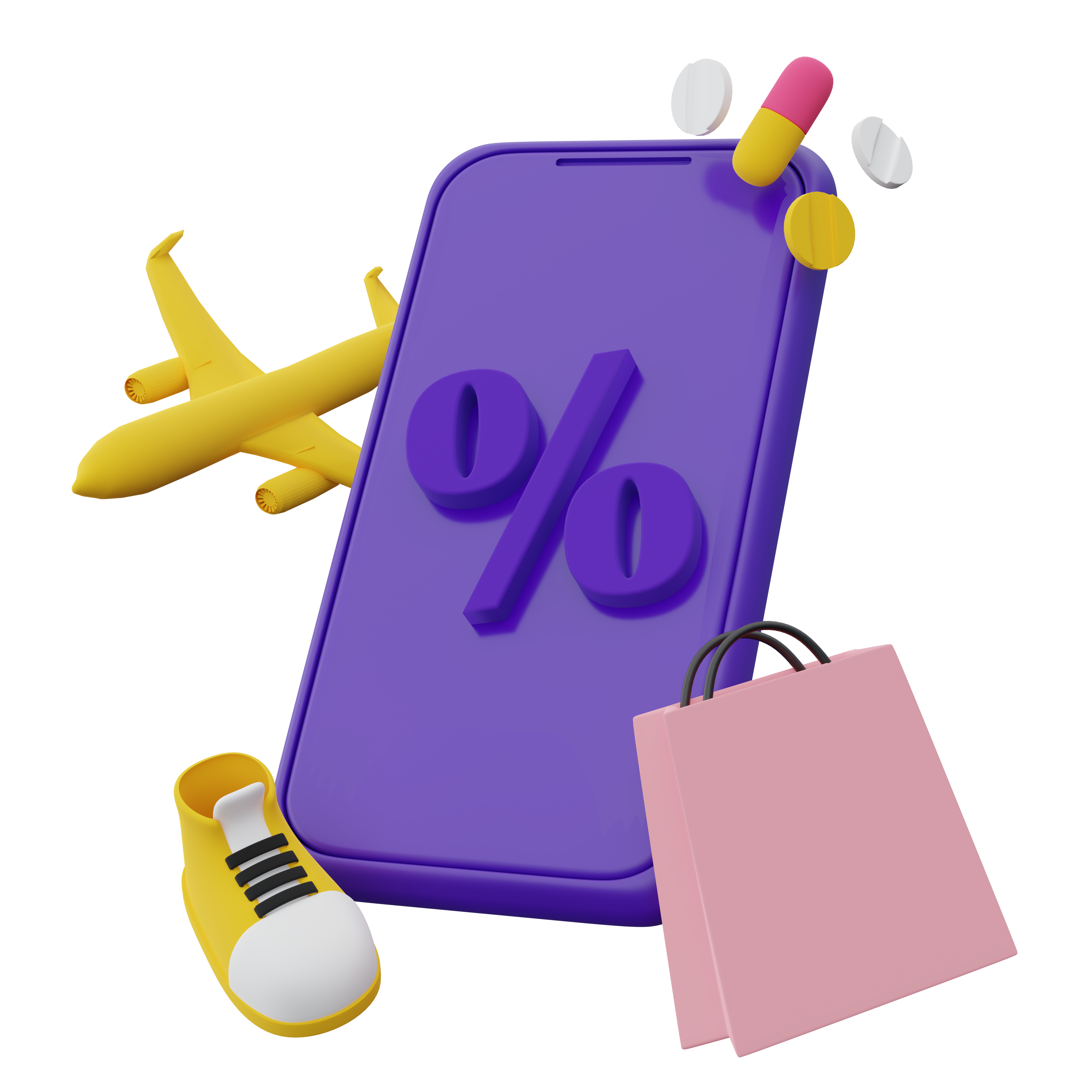 Celular com símbolo de procentagem, mostrando um tênis, avião, sacola e cápsulas mostrando vantagens como produtos, viagens, saúde, etc.